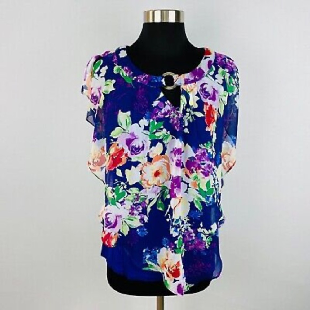 Apt 9 Womens Small S Blue Sleeveless Shell With Multicolor Overlay Floral Top